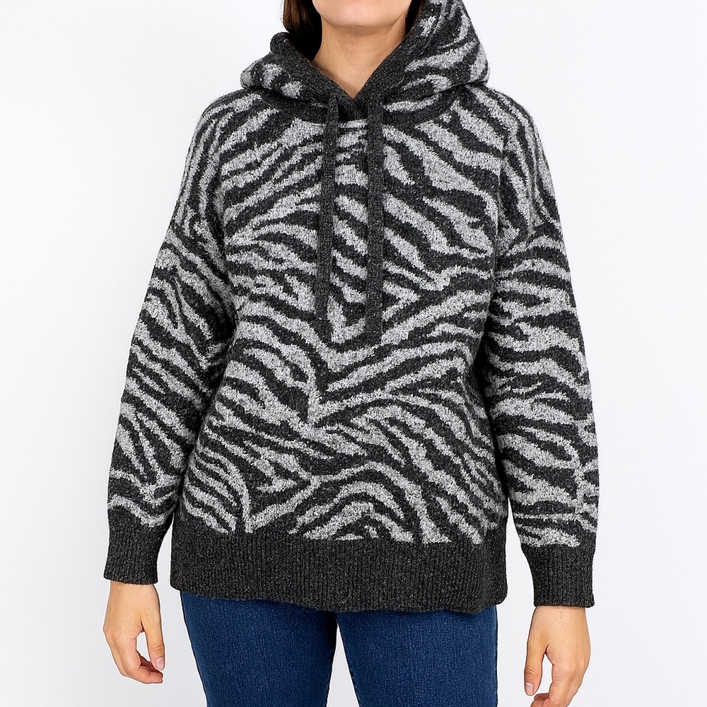 Zara Sweater Zebra Print Knit Hoodie Drawstring Pullover Neutral Gray Size M/L